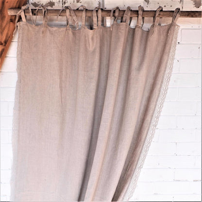 Lace linen curtains - Natural with lace edges - with ties