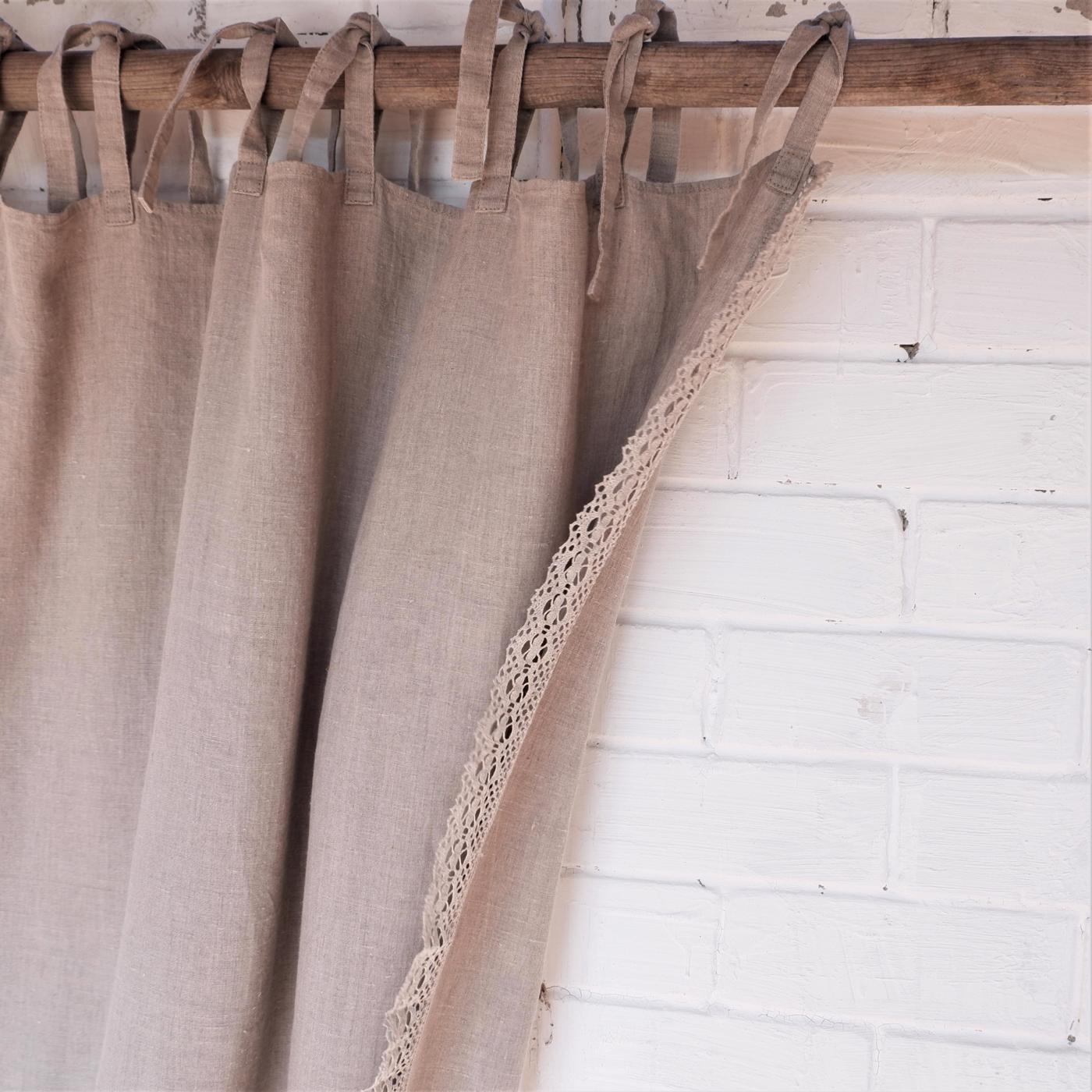 Lace linen curtains - Natural with lace edges - with ties
