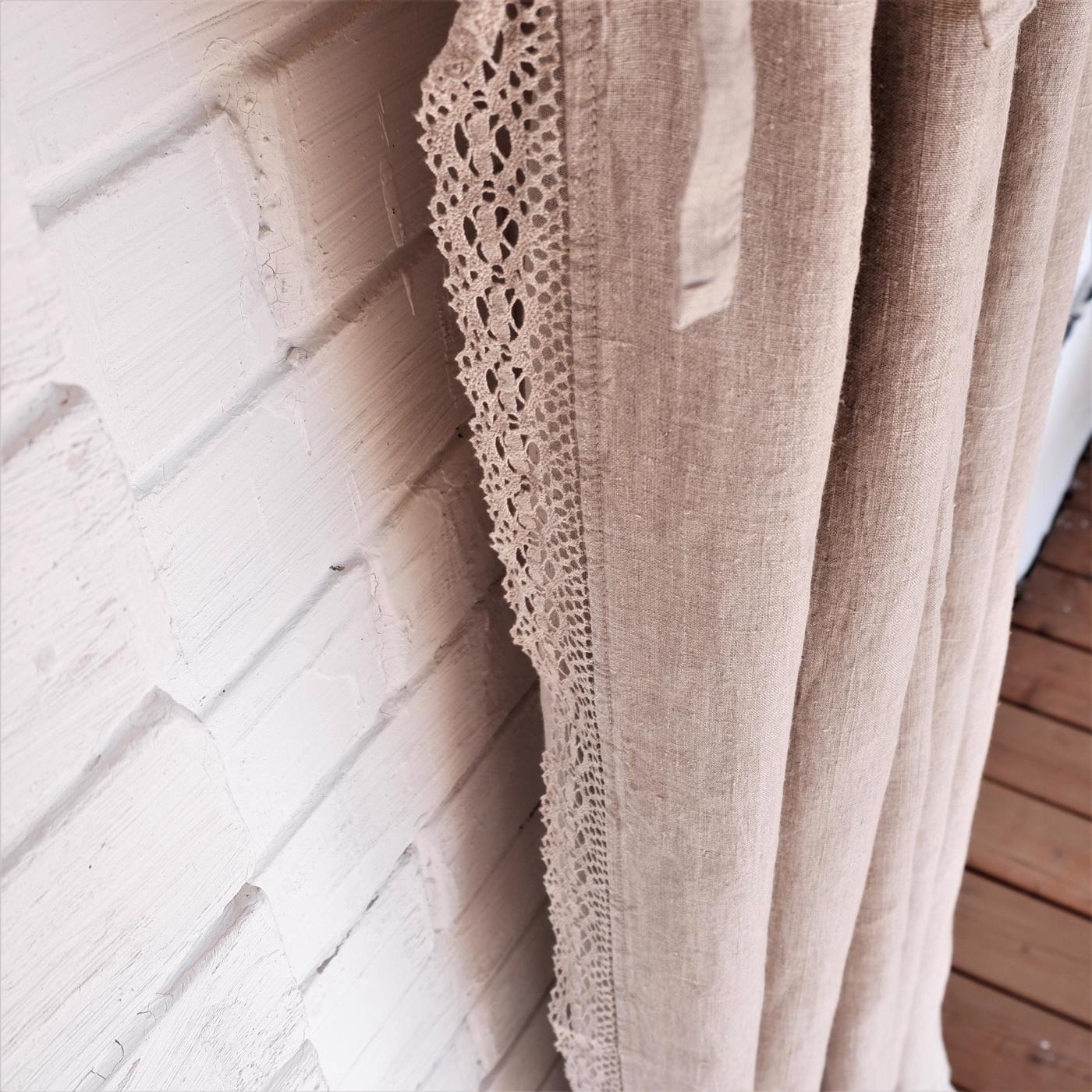 Lace linen curtains - Natural with lace edges - with ties
