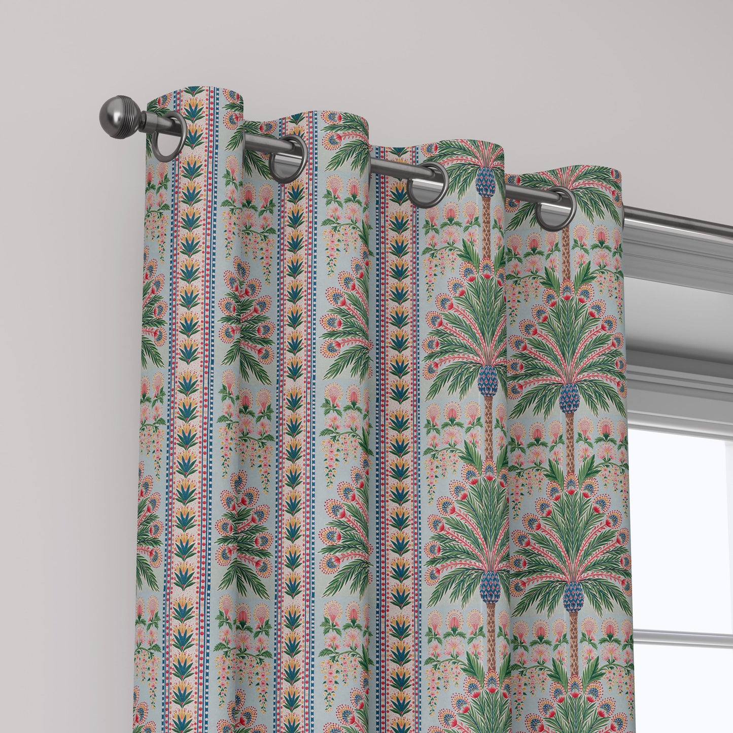 100% linen fabric Palm floral print - Vintage pink red green botanical  - modern vintage 3394