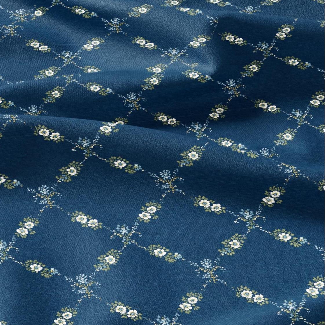 100% LINEN Fabric Floral trellis blue print - botanical indigo blue upholstery curtains dress making 3064