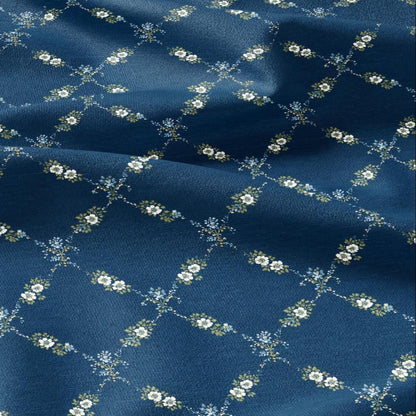 100% LINEN Fabric Floral trellis blue print - botanical indigo blue upholstery curtains dress making 3064