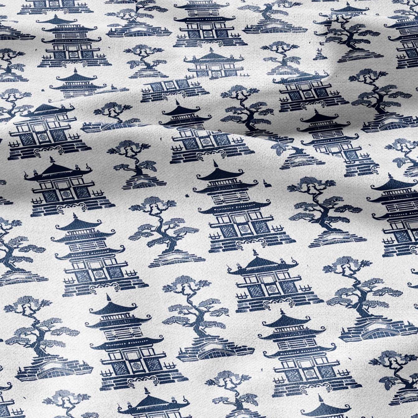 100% LINEN Fabric Pagoda blue print - oriental for upholstery home decor - medium for dress making 2873