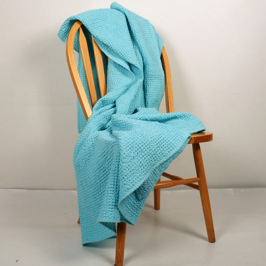 Double sided aquamarine waffle linen blanket - wide
