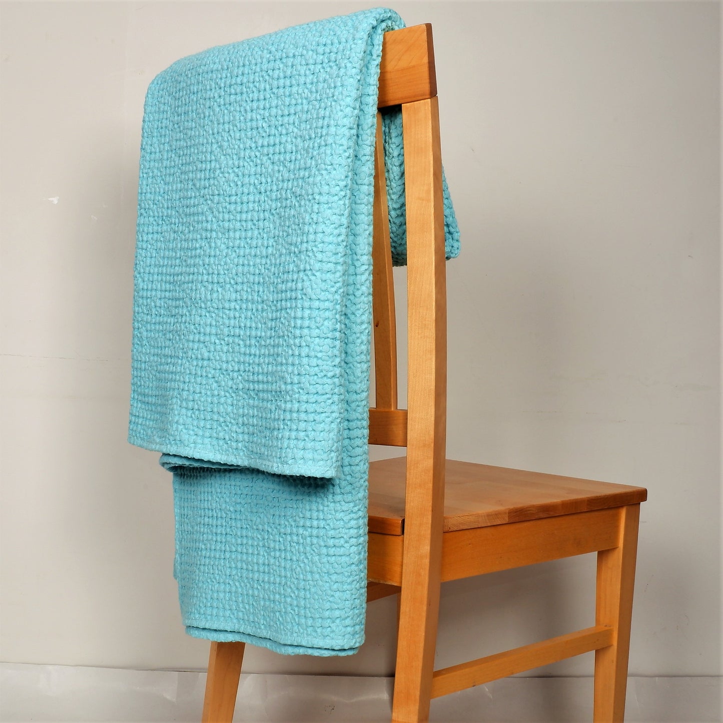 Double sided aquamarine waffle linen blanket - wide