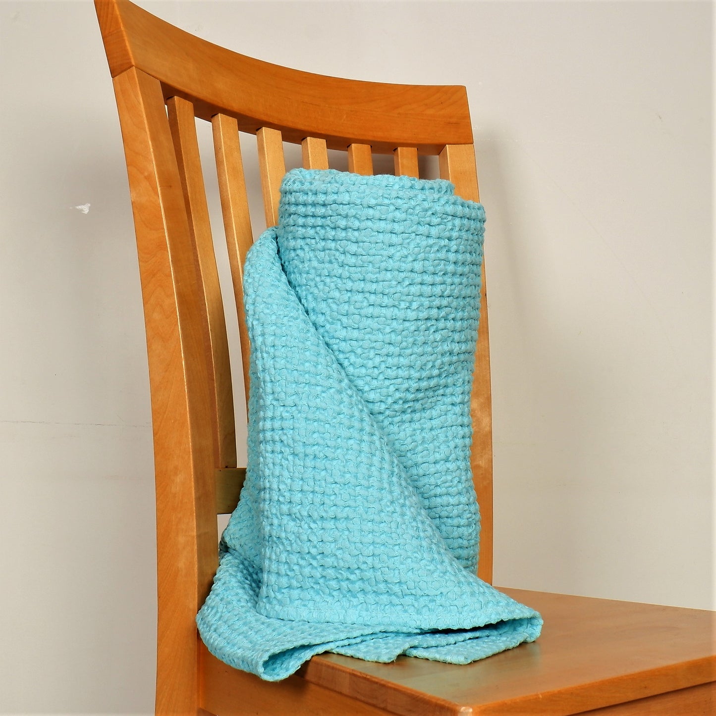Double sided aquamarine waffle linen blanket - wide