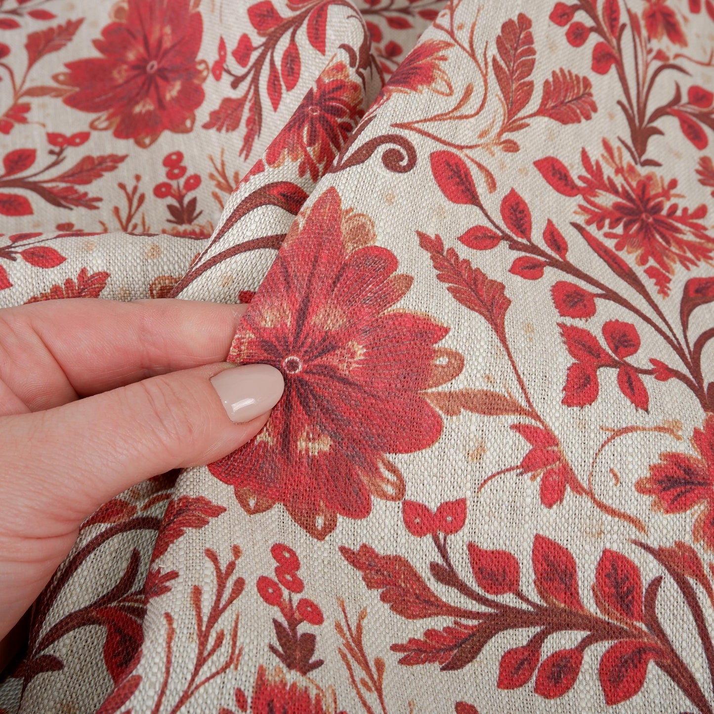 100% LINEN Fabric red floral print on oatmeal natur linen - love red flower fabric - French linen floral upholstery dress making 2036