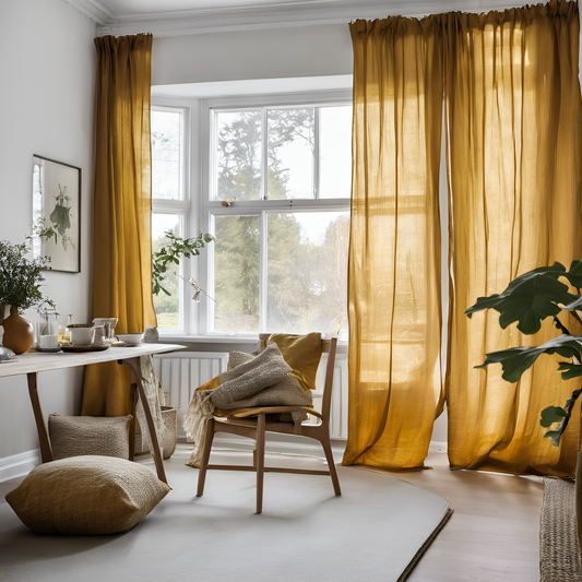 Sheer Linen curtains - with rod pocket - Mustard