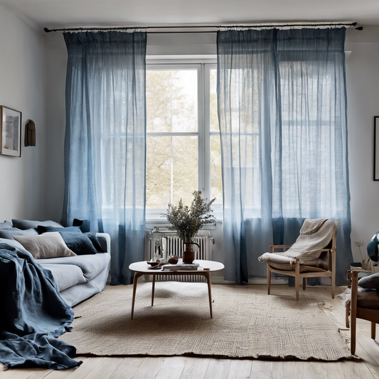 Sheer Linen curtain in lake blue with rod pocket