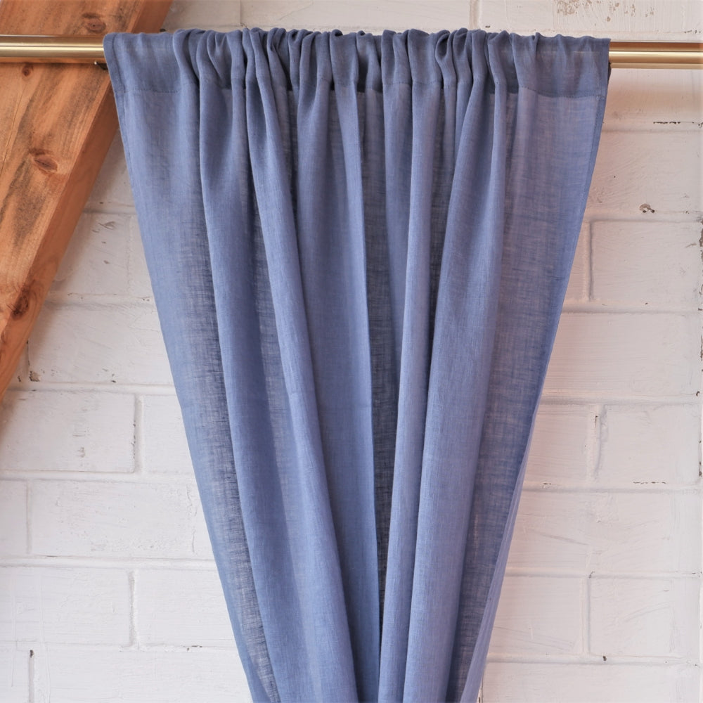 Sheer Linen curtain in lake blue with rod pocket