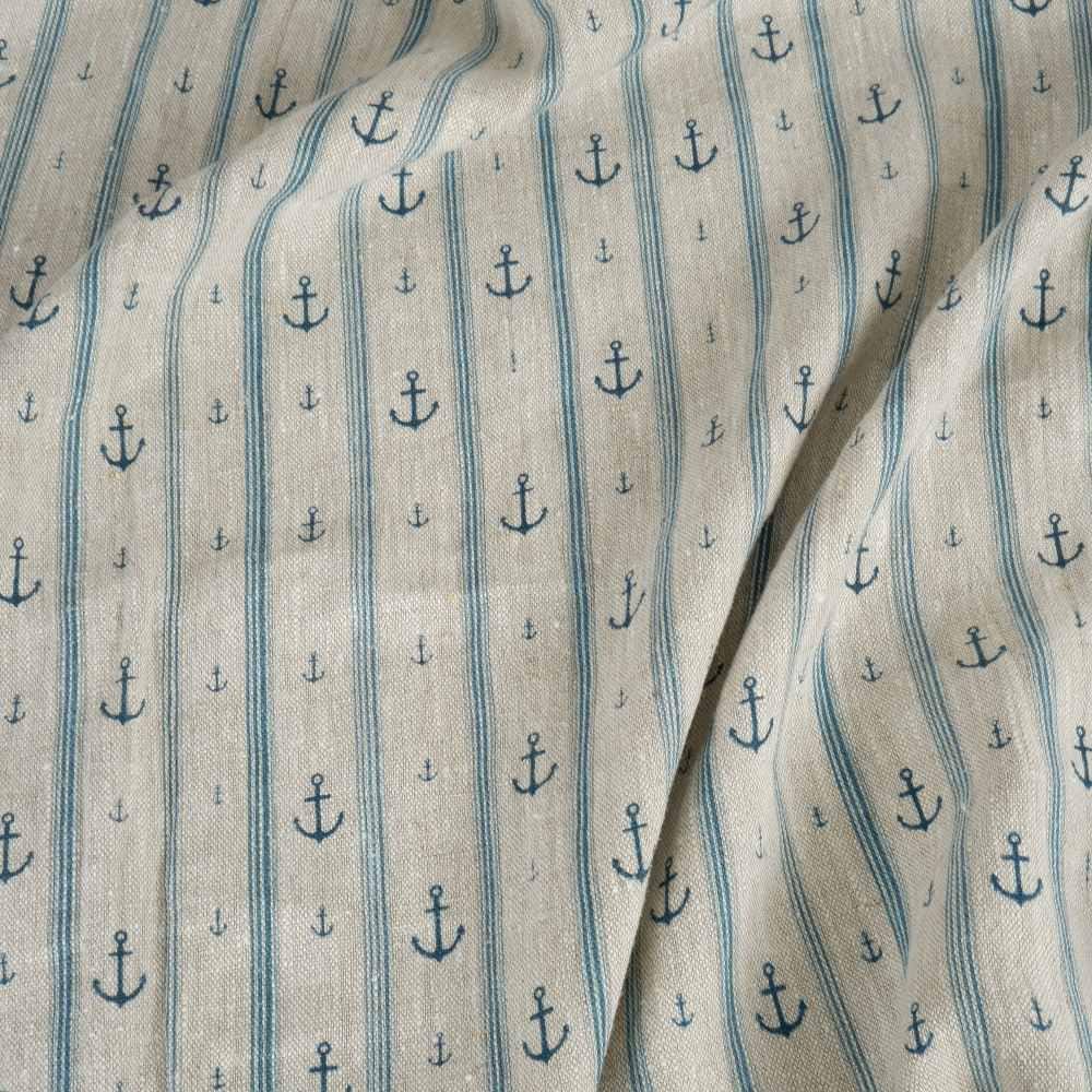 100% LINEN Fabric Anchor stripe print on oatmeal linen - Marine blue gray heavy for upholstery - medium weight linen dress making 2764