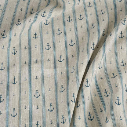 100% LINEN Fabric Anchor stripe print on oatmeal linen - Marine blue gray heavy for upholstery - medium weight linen dress making 2764