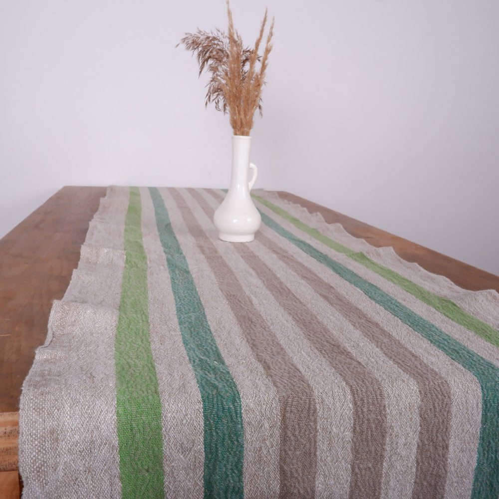 Linen table runner - Green Natur - French stripes