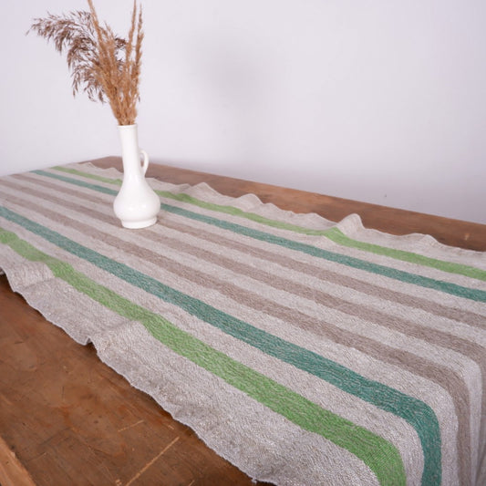 Linen table runner - Green Natur - French stripes