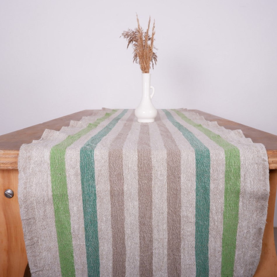 Linen table runner - Green Natur - French stripes