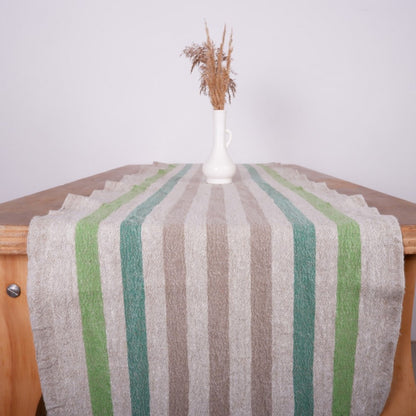 Linen table runner - Green Natur - French stripes