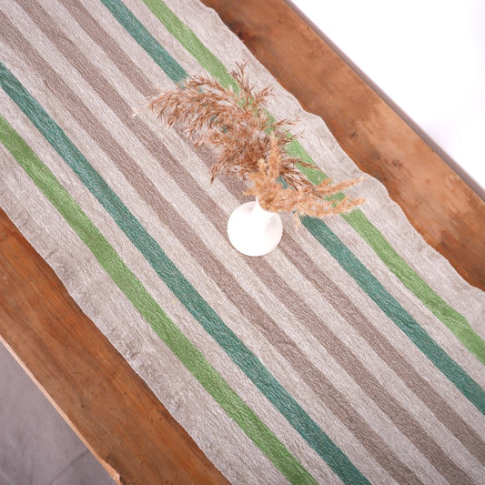 Linen table runner - Green Natur - French stripes