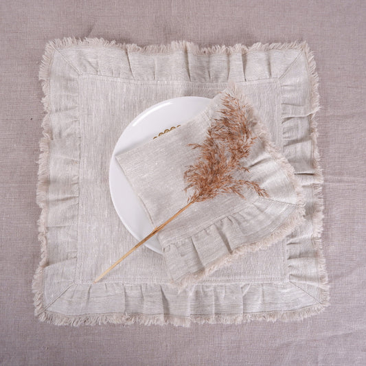 Ruffled oatmeal linen napkin - placemat