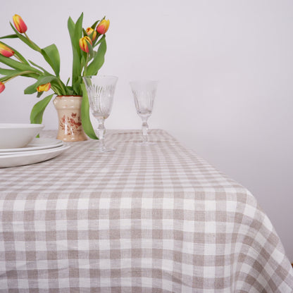 Natural and White checks - linen tablecloth