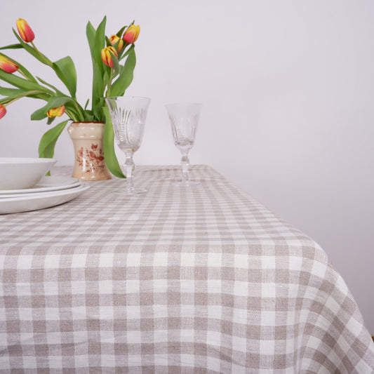 Natural and White checks - linen tablecloth