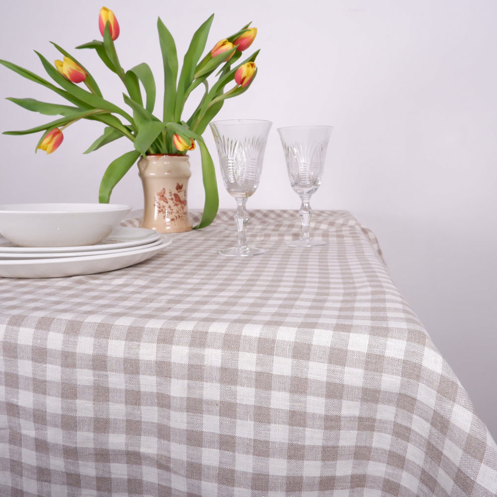 Natural and White checks - linen tablecloth