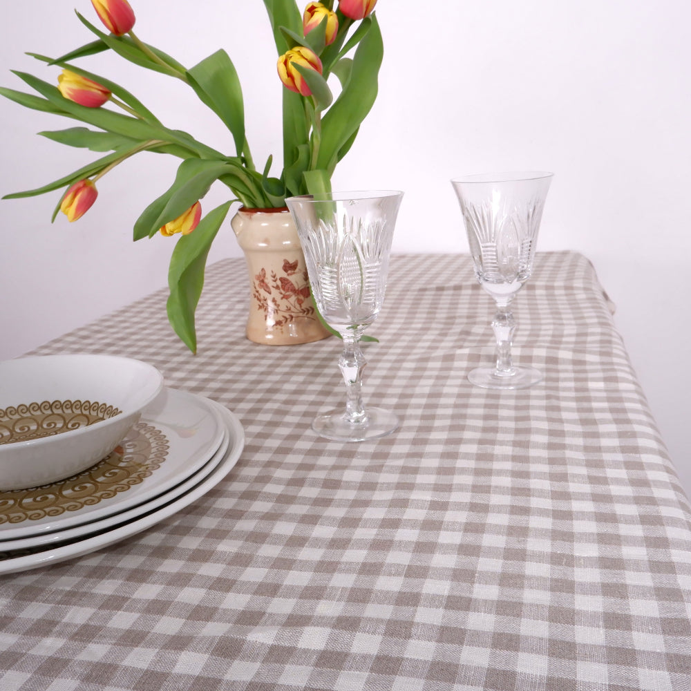 Natural and White checks - linen tablecloth