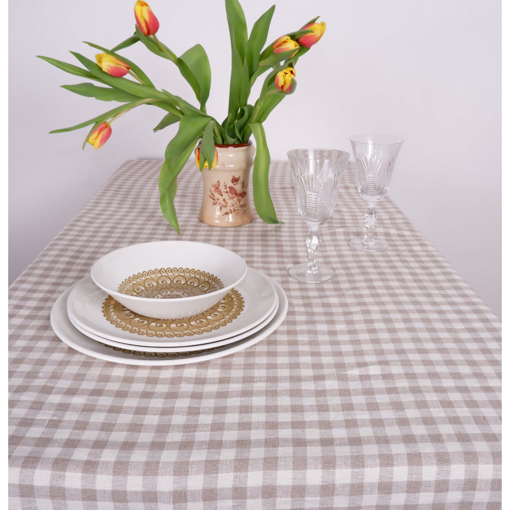 Natural and White checks - linen tablecloth