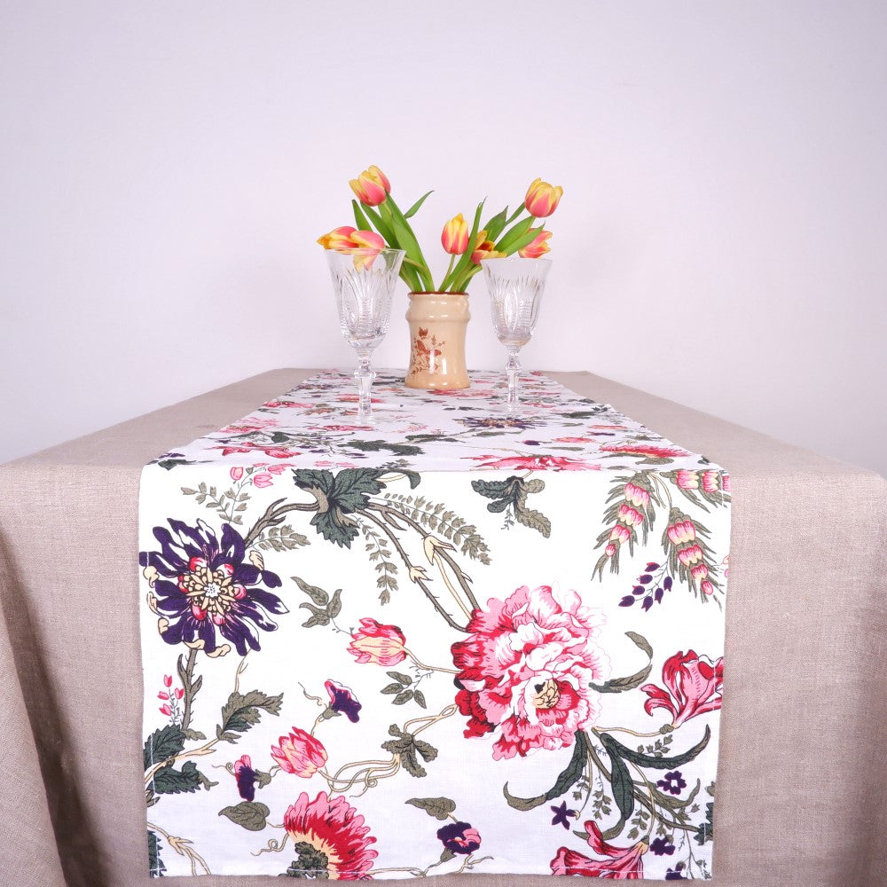 Peony - linen table runner -  washed