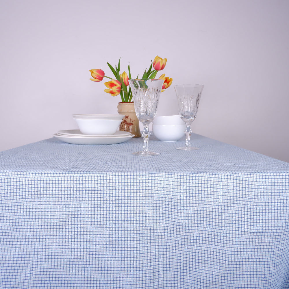 Tiny blue check - linen tablecloth