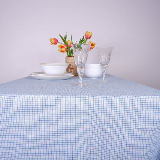 Tiny blue check - linen tablecloth