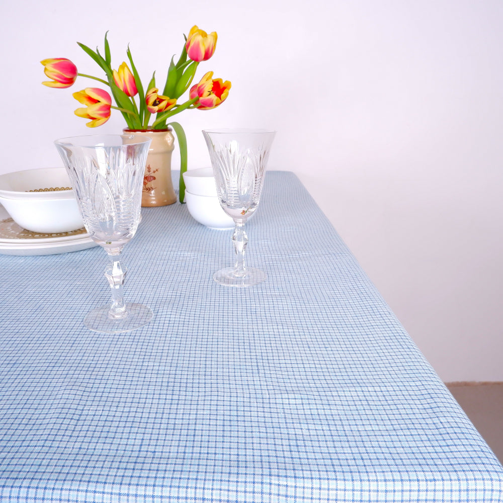 Tiny blue check - linen tablecloth