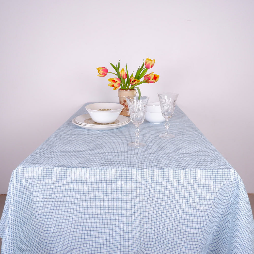 Tiny blue check - linen tablecloth