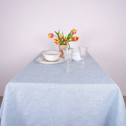 Tiny blue check - linen tablecloth