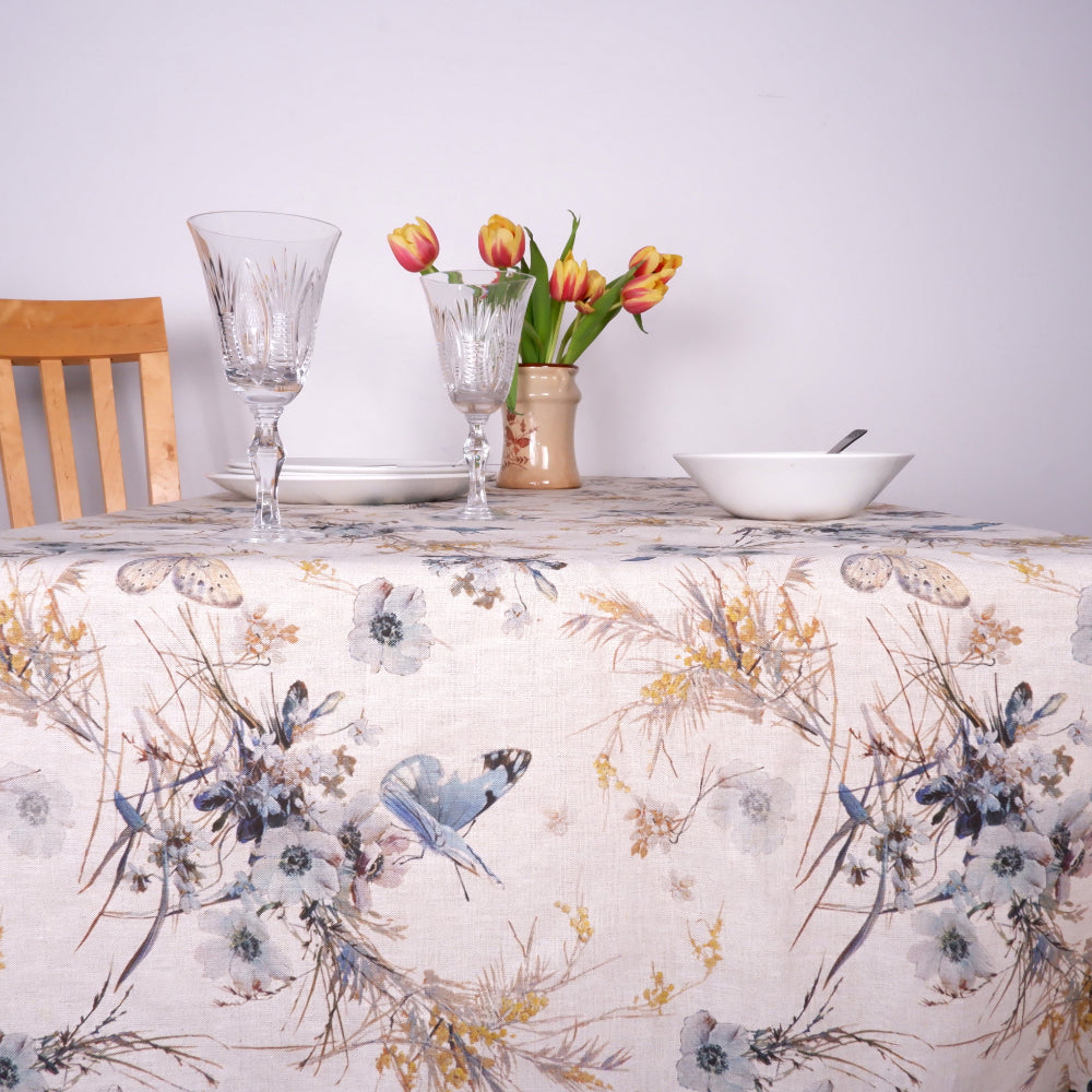 Flowers and butterflies - linen tablecloth