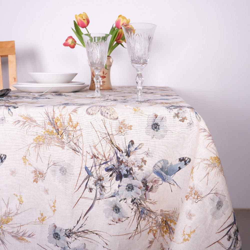 Flowers and butterflies - linen tablecloth