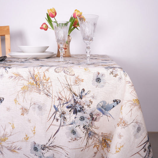 Flowers and butterflies - linen tablecloth