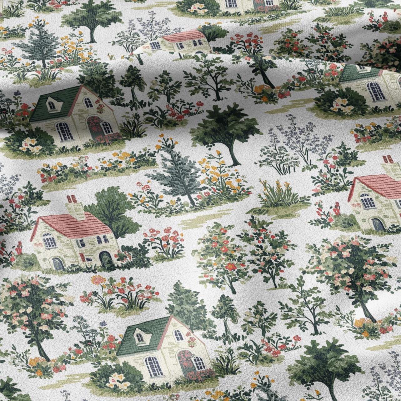 100% LINEN Fabric Houses print linen - VIllage print fabric for upholstery home decor dress making 2369