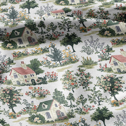 100% LINEN Fabric Houses print linen - VIllage print fabric for upholstery home decor dress making 2369