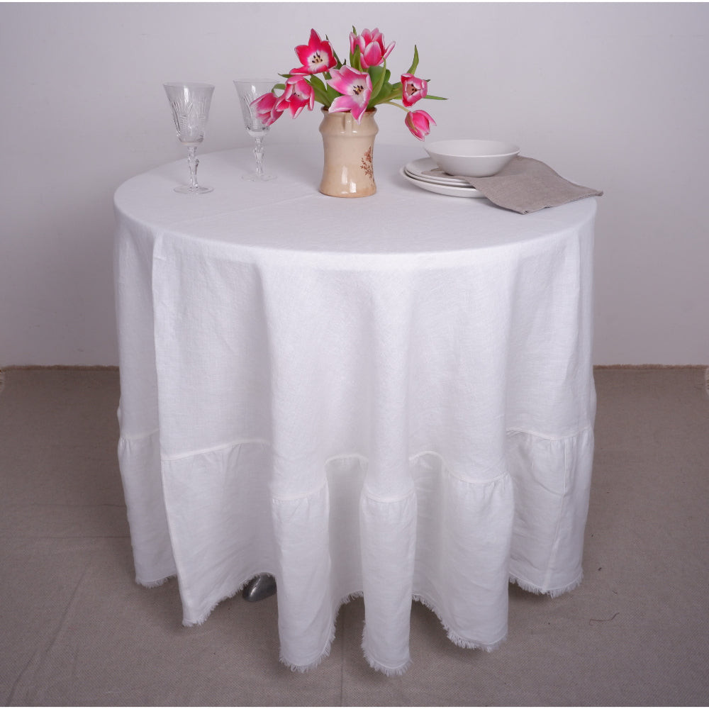 Round linen  tablecloth with ruffles - offwhite