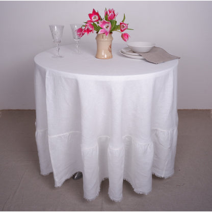 Round linen  tablecloth with ruffles - offwhite