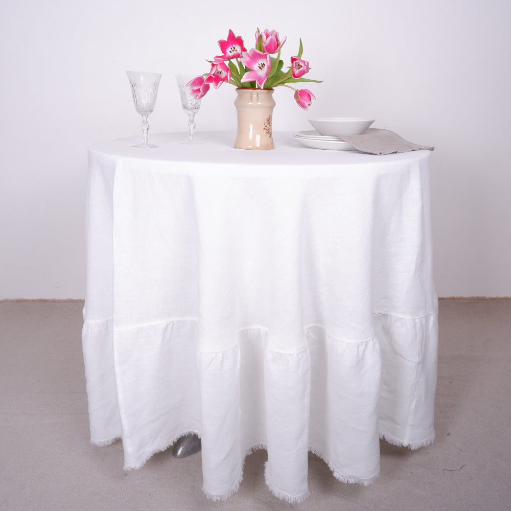 Round linen  tablecloth with ruffles - offwhite