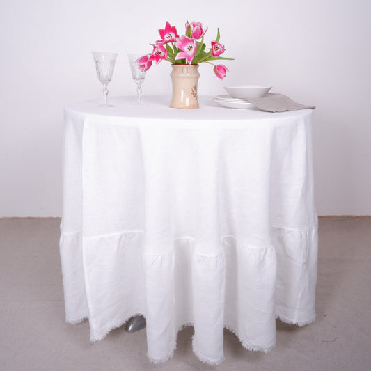 Round linen  tablecloth with ruffles - offwhite