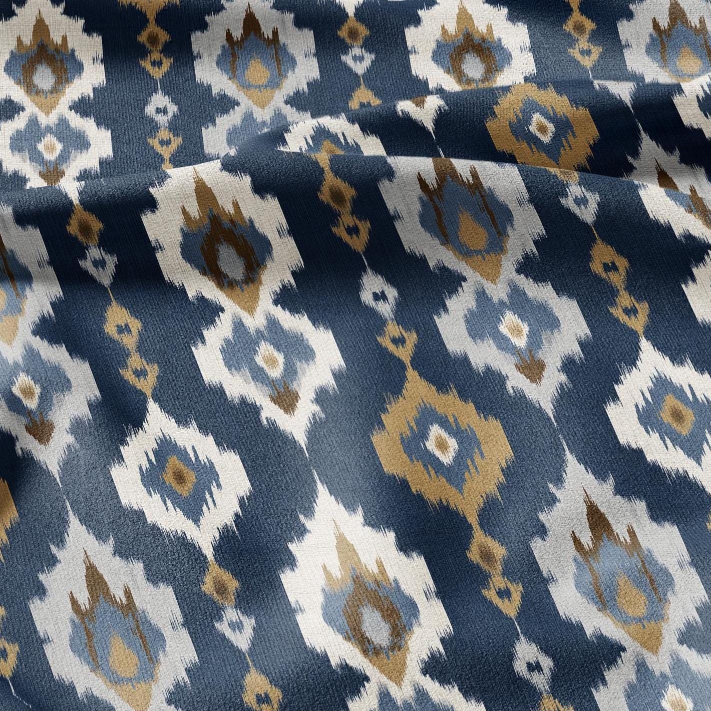 100% LINEN Fabric Abstract Ikat ethno print - Modern Navy Blue beige - for upholstery home decor curtains pillows sewing dress 2972