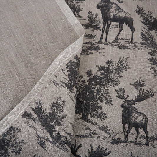 100% LINEN Fabric Toile de Jouy with Moose in forest - botanical fabric black print - linen floral fabric upholstery curtains dress making