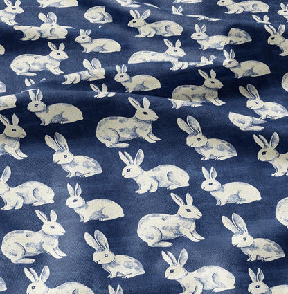 100% LINEN Fabric Rabbit indigo blue  print - bunny linen fabric with blue coastal print for upholstery home decor