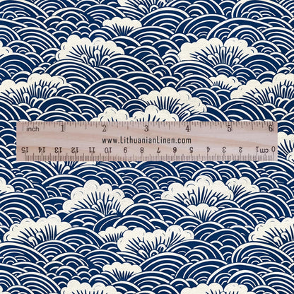 100% LINEN Fabric block print indigo on white - Japanese sea -  heavy linen fabric for upholstery home decor or medium for dress making 2150