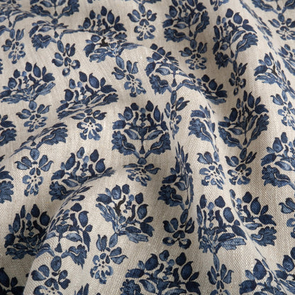 100% LINEN Fabric indigo blue block print - oatmeal neutral fabric with blue floral print - linen for upholstery home decor dressmaking 389