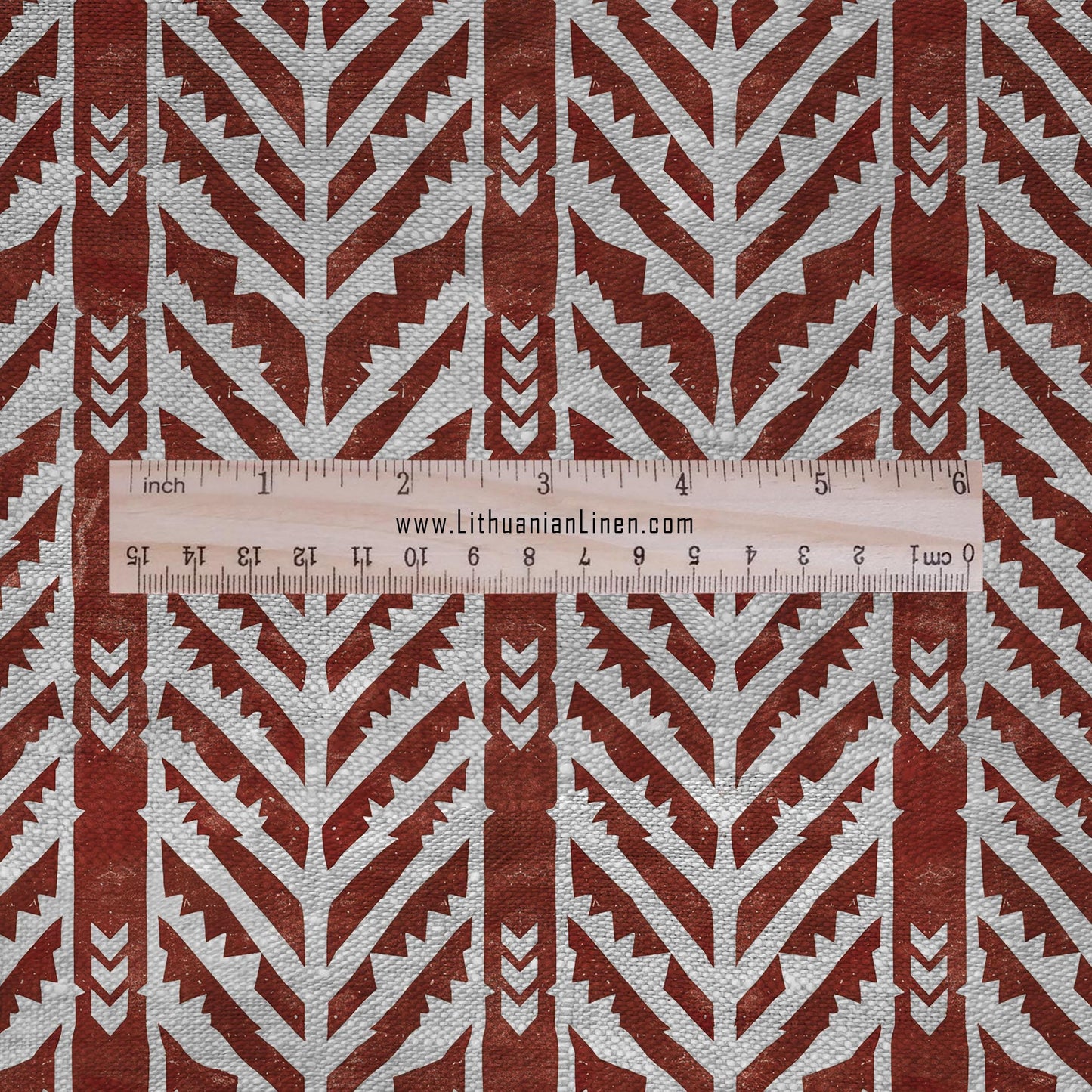 100% LINEN Fabric Geometric chevron stripes print - mid-century modern brick red print oatmeal linen upholstery curtains dress making 2658