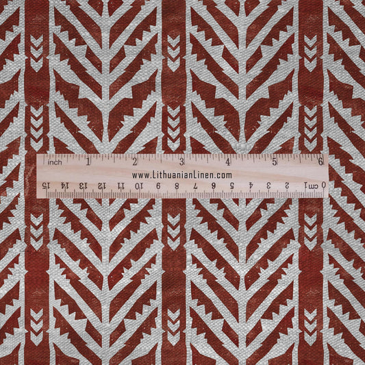 100% LINEN Fabric Geometric chevron stripes print - mid-century modern brick red print oatmeal linen upholstery curtains dress making 2658