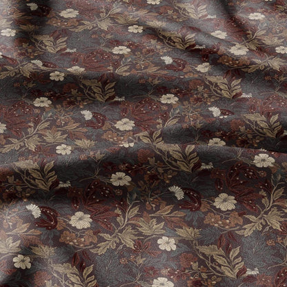 100% LINEN Fabric Autumn leaves floral print - Modern botanical - brown 3026